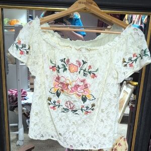 Flying Tomato Cream Embroidered Off-Shoulder Blouse